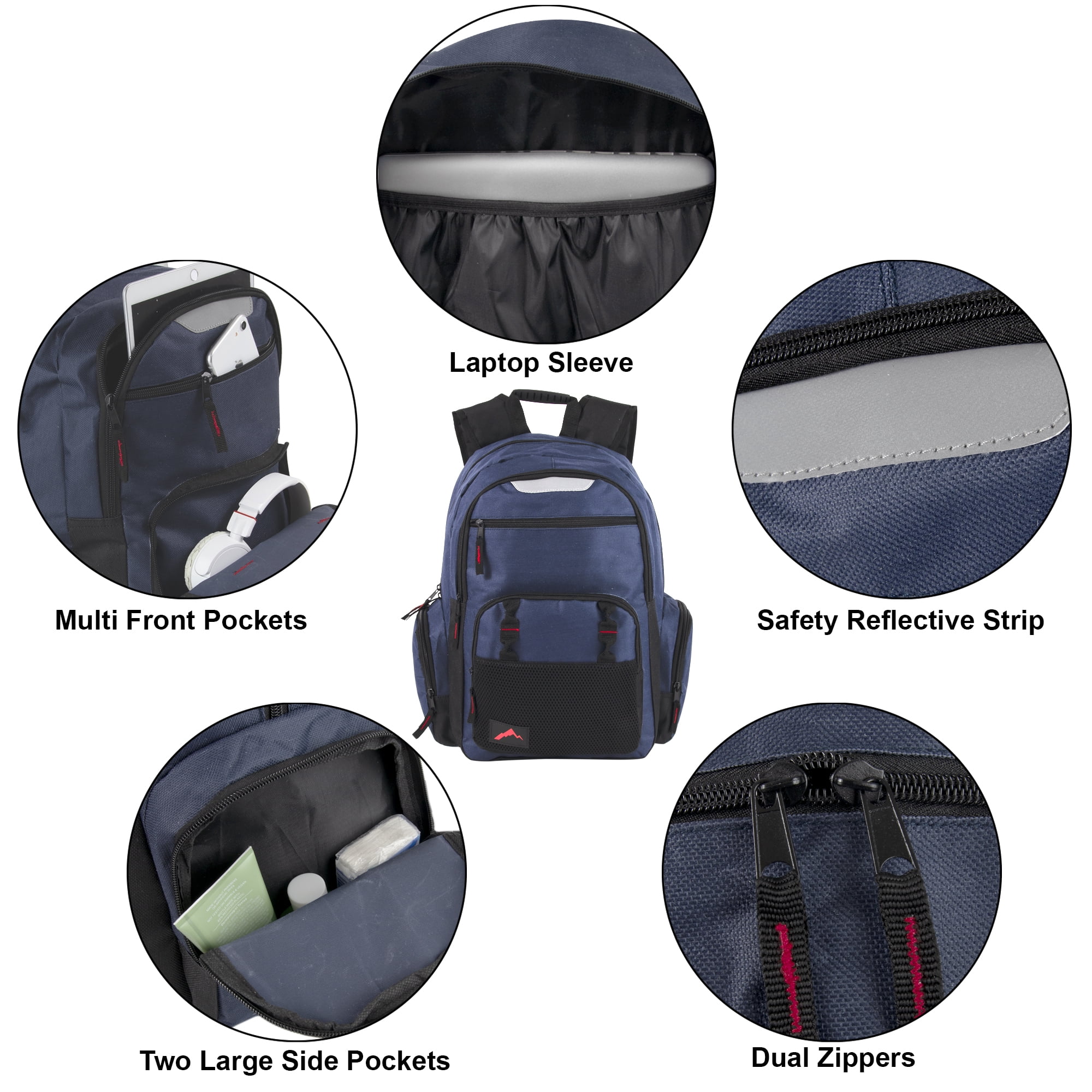 24 Pack of Bulk Wholesale Heavy Duty, Reflective, Dual Compartment, Multi-Pocket, Laptop Backpacks for Work, School, College, Classrooms, Charity and Homeless Donation in Male Colors Pack