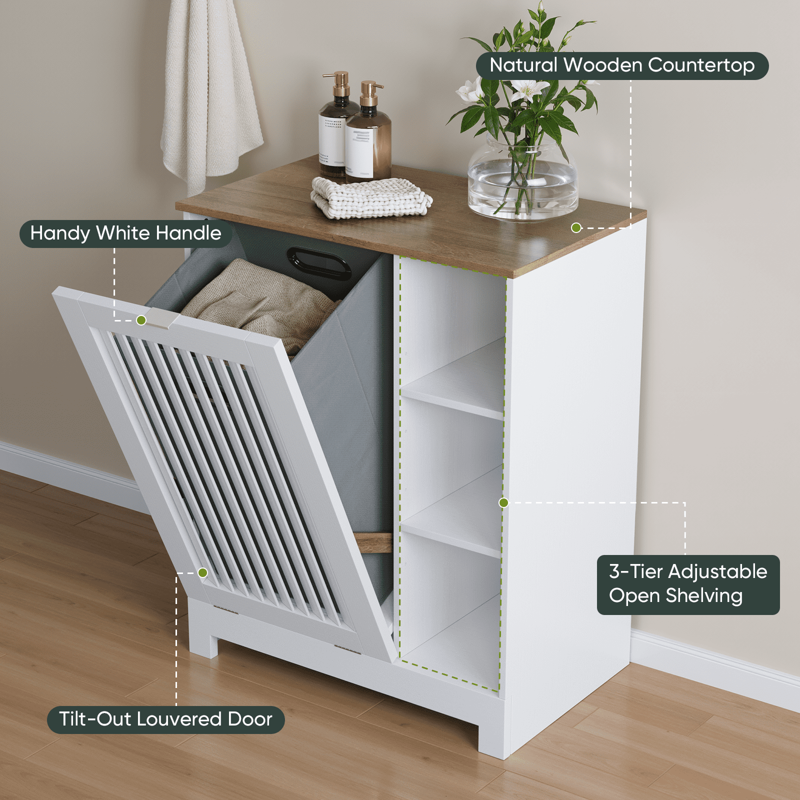 Smart FENDEE Laundry Hamper Cabinet with Louvered Door,Canvas Basket,3 Open Drawers, Laundry, White