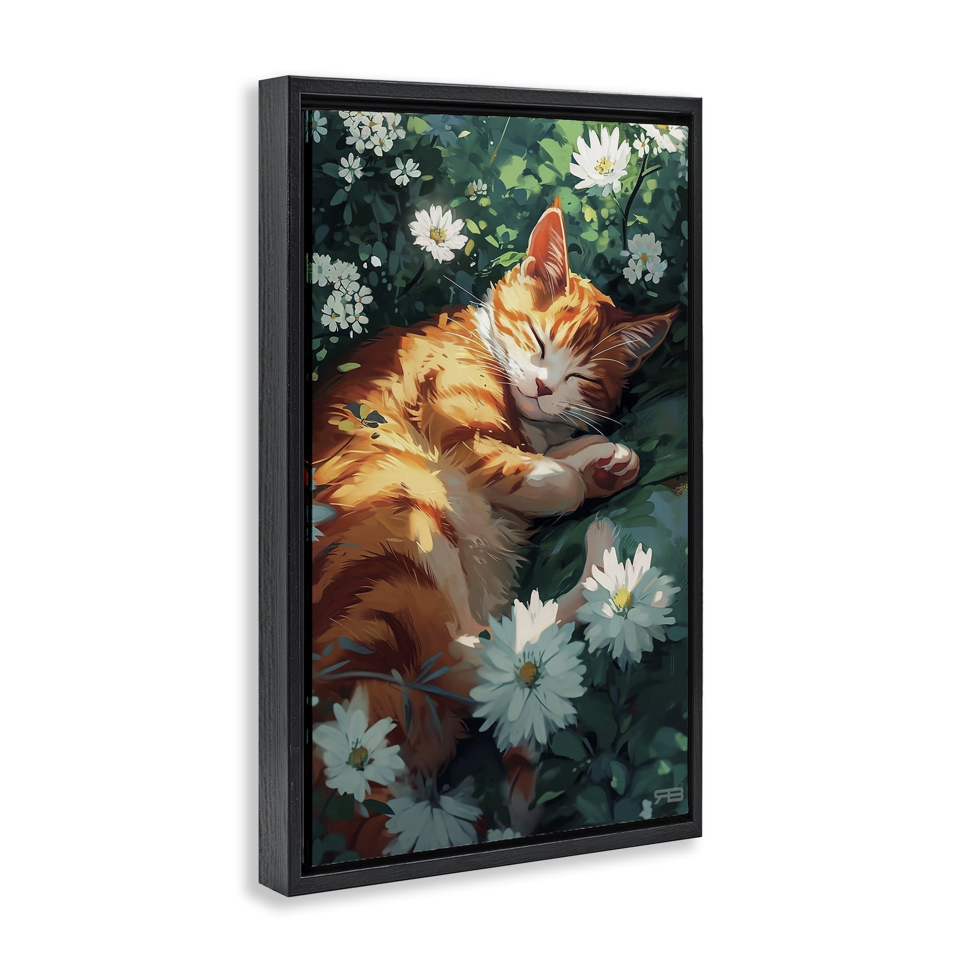Stupell Industries Cat Sleeping in Meadow Animals & Insects Painting Black Floater Framed Canvas Art Print Wall Art, 21 x 31