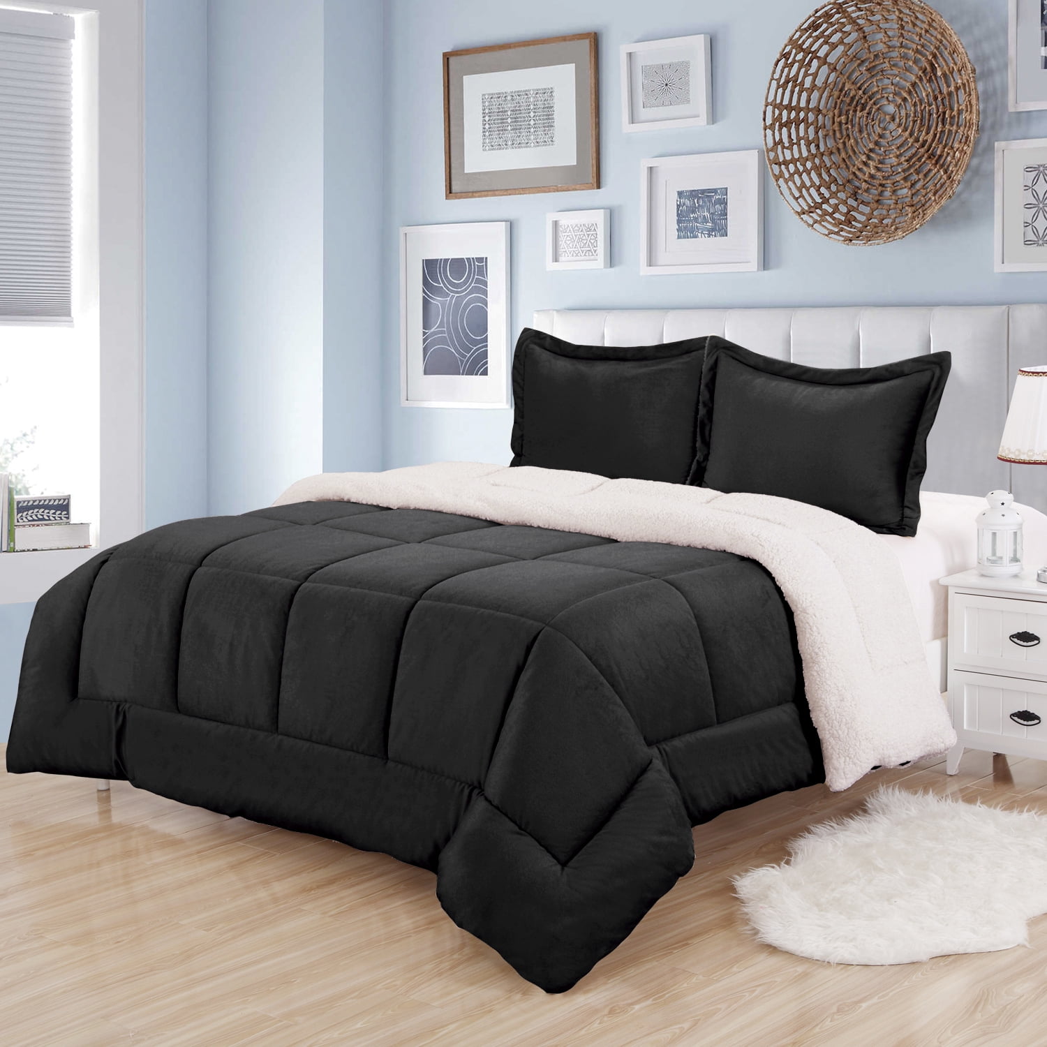 Sweet Home Collection 3 Piece Sherpa Comforter Set Twin - Black