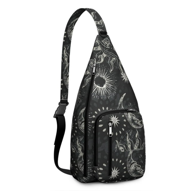 Gothic Celestial Sling Backpack - Dark Moon & Sun Design, Multi-Functional Pack for Cycling & Nighttime Commute