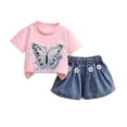thumbnail image 2 of Cethrio Girls Cotton Outfit Sets Size 6, Short Sleeve 2 Piece Printed T-shirts and Denim Shorts Sets Pink, 2 of 5