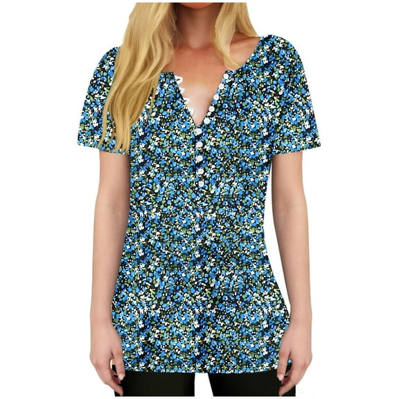 HAPIMO Women' Plus Size Fashion Clothes Flower Print Tops V-Neck Tees Flowy Elegant Blouses Casual Loose Summer Tops for Women Dressy Tunic Blue M