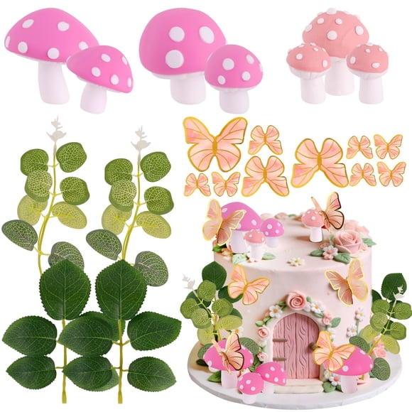 Set de Adornos para Pastel HNGWLYN Hadas con Hongos Rosados y Mariposas