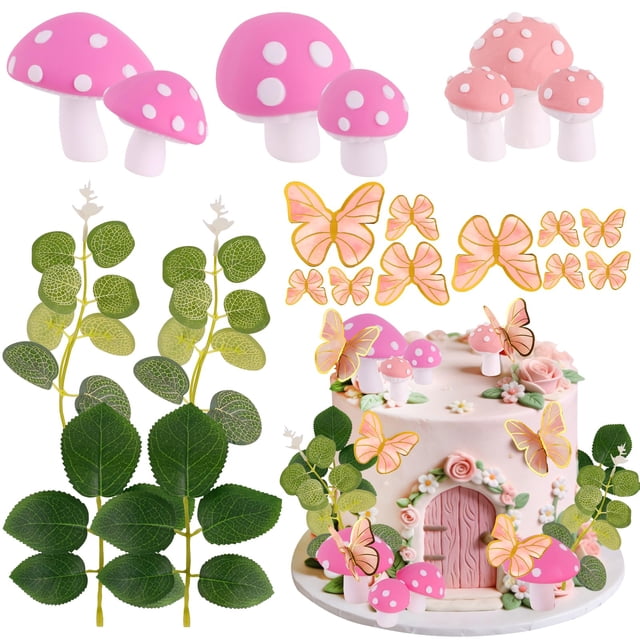 Set de Adornos para Pastel HNGWLYN Hadas con Hongos Rosados y Mariposas