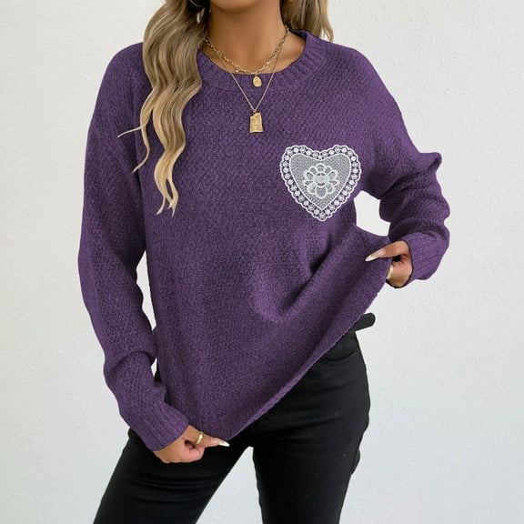 Royisotas Womens Sweaters Casual Pullover Cardigan Crewneck Heart Print Warm Knitted Oversized Tops for Women