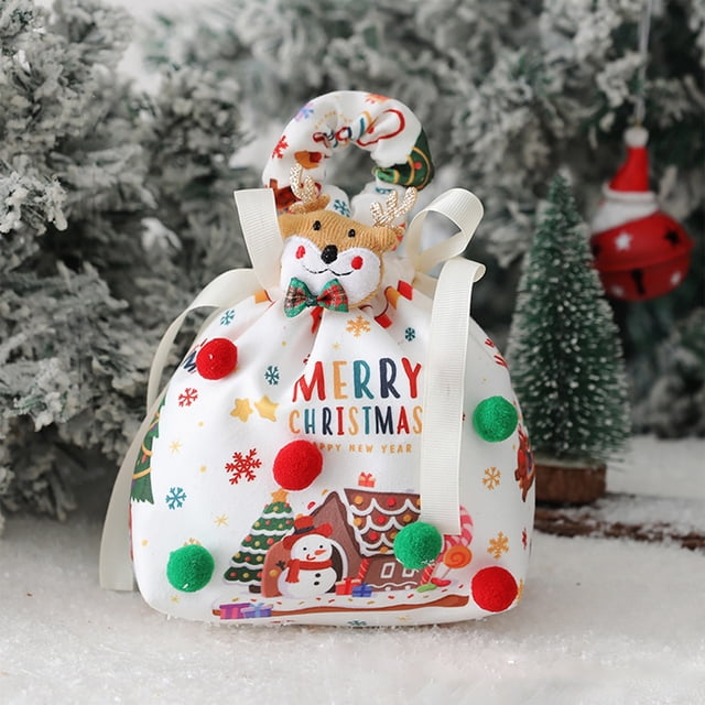 Christmas Produce Gift Bag | White Cloth Drawstring Tote with Red Ribbon Gold Print | Reusable Decorative Holiday Storage for Fruits Vegetables Ornaments