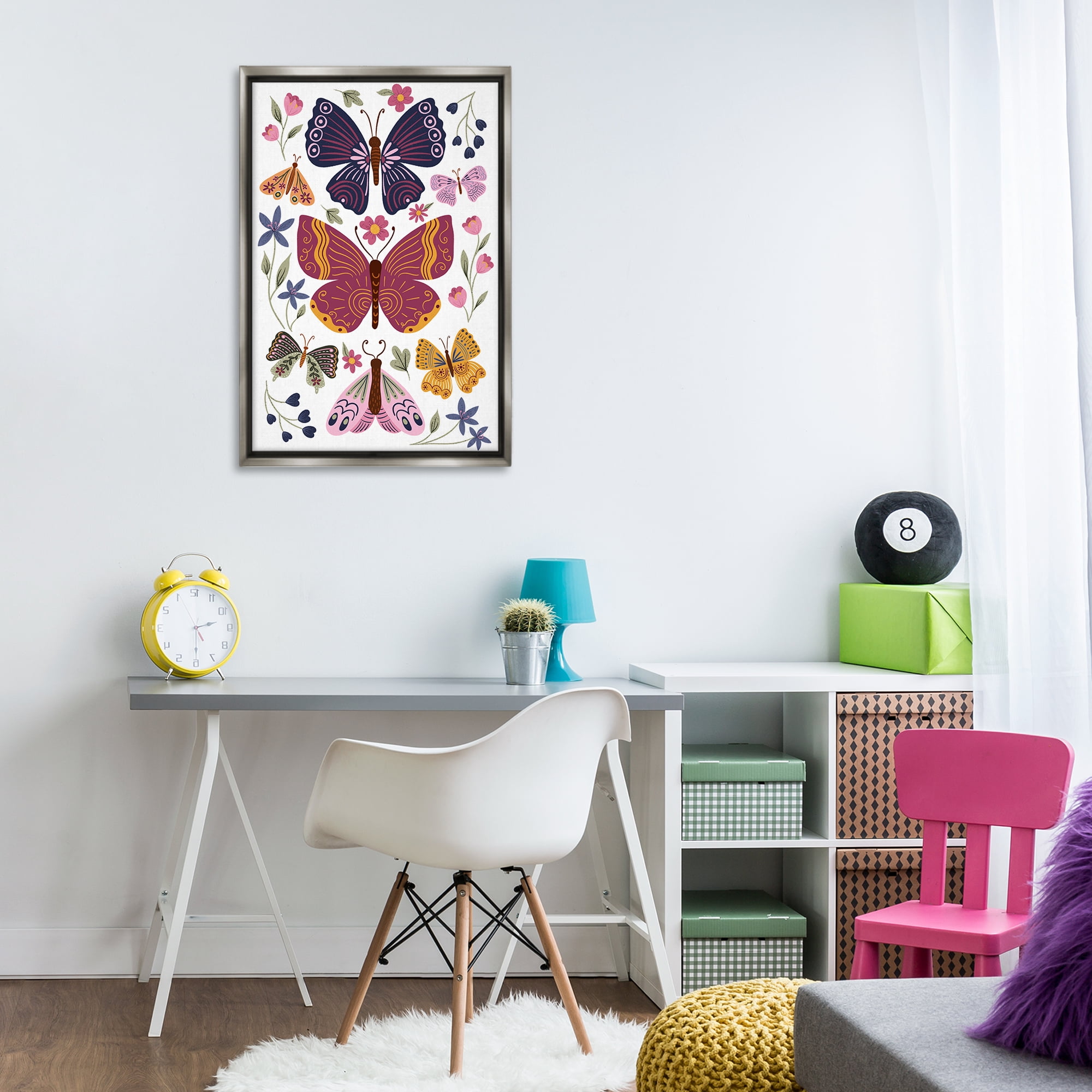 Stupell Industries Symmetrical Butterflies & Flowers Animals Painting Gray Floater Framed Canvas Art Print Wall Art, 21 x 31