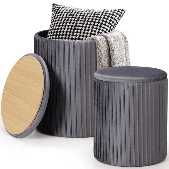 Set of 2 Deep Grey Velvet Round Ottomans with Storage, Vanity Foot Stools for Bedroom