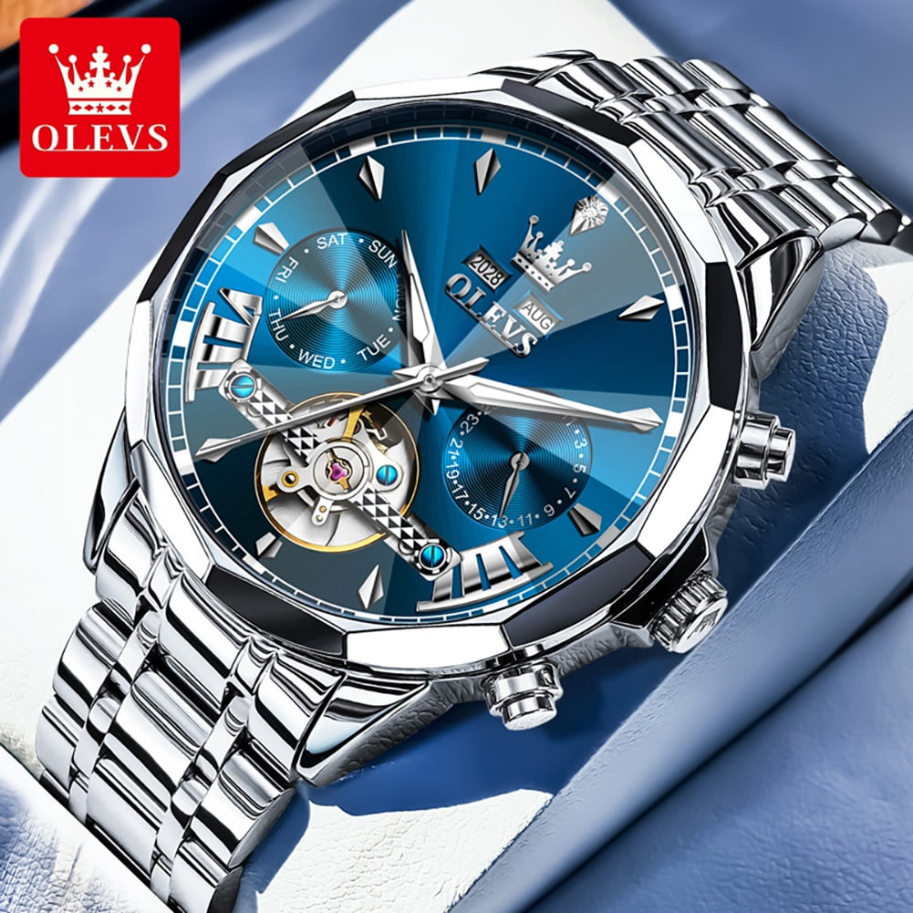 OLEVS Automatic Watches for Men Luxury Dress Waterproof Self Winding Mechanical Chronograph Diamond Stainless Steel Luminous Date Skeleton Tourbillon Mens Watches Gift Reloj Para Hombre Blue Dial