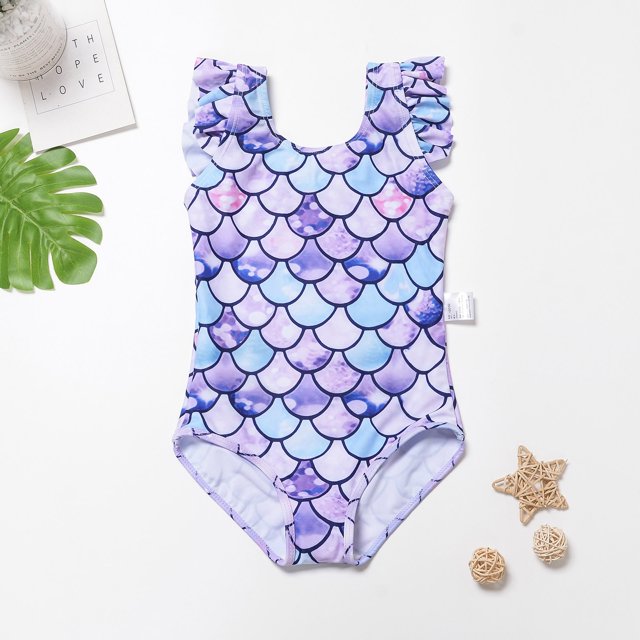 Maillots de Bain une Pièce pour Filles Sans Manches Rayé à Volants Maillot de Bain Bébé Fille 5-6 Ans