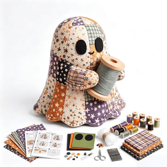 Halloween DIY Patchwork Kit With Pre-Cut Fabric, Stuffing and Accessories, Cozy Ghost Ornament Decor