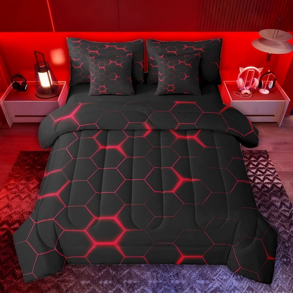 jejeloiu Red Black 7-Piece Twin Bedding Sets,Abstract Geometric Hexagon Bedding Comforter Set For Men Women Reversible