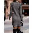 thumbnail image 5 of Women Sweater Short Elegant Long Sleeve Crew Neck Slim Fit Dressy Fall Winter Mini Knit Dresses Flower Gray L, 5 of 7