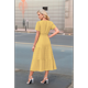 thumbnail image 3 of Vestido de Larga con Cuello en V, Plisado y Mangas Abullonadas, Amarillo M, 3 of 4