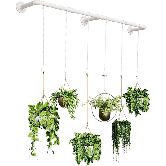 Plant Haning Rod, Hanging Planters for Indoor Plants with 6 Chains, Wall Plant Hanging Bar for Window Celling, 65.7 Inch, Metal White, Pots Not Included