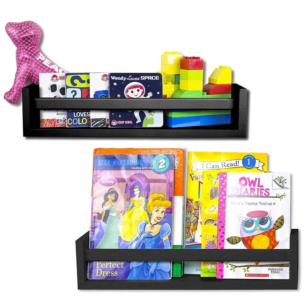 Kepooman 2PCS Wood Floating Wall Shelves, Wall Decor Bookshelf and Toy Organizer, Black
