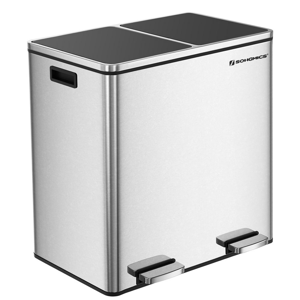 SONGMICS Dual Trash Garbage Can, 16 gal (60L), for Kitchen, Silver