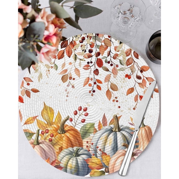 13 Inch Round Placemats Set of 4, Orange Pumpkins Fall Non Slip Heat Insulation PP Table Mats, Thanksgiving Botanical Autumn Washable Place Mats for Kitchen Dining Party Table Decor