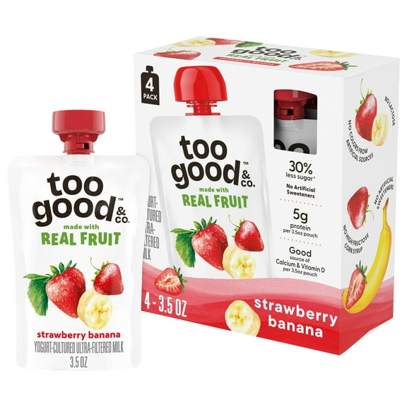 Too Good & Co. Strawberry Banana Yogurt-Cultured Ultra-Filtered Milk Pouches, Kids Snacks, 3.5 oz, 4 Count​