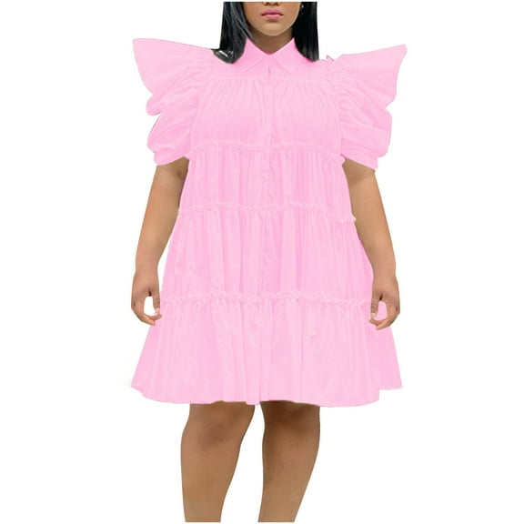 asdoklhq Maxi Dress Womens Solid Color Court Style Loose Flounce Dress Pink 2X