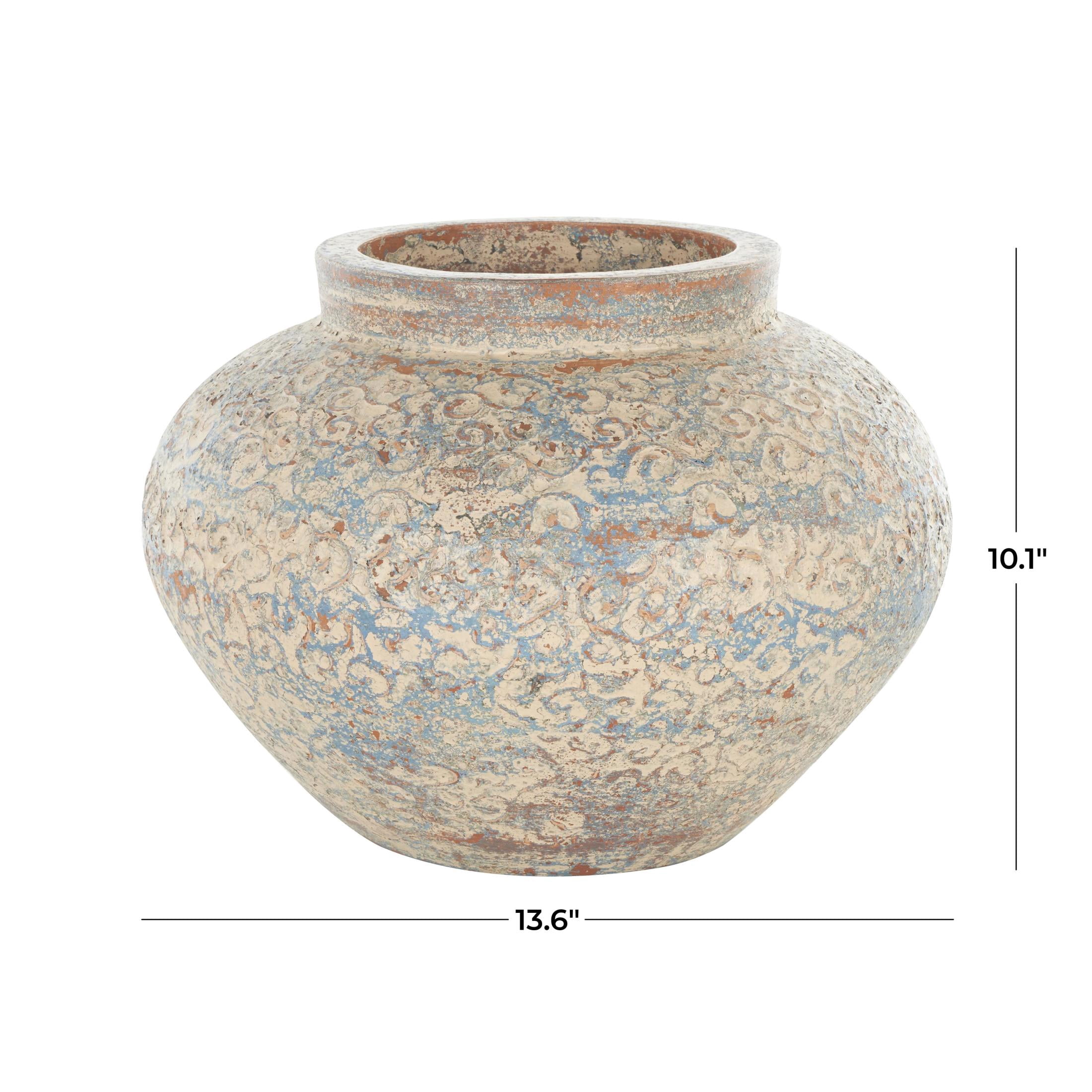 DecMode 10" Scroll Handmade Antique Style Wide Rounded Beige Ceramic Vase with Blue and Copper Accents