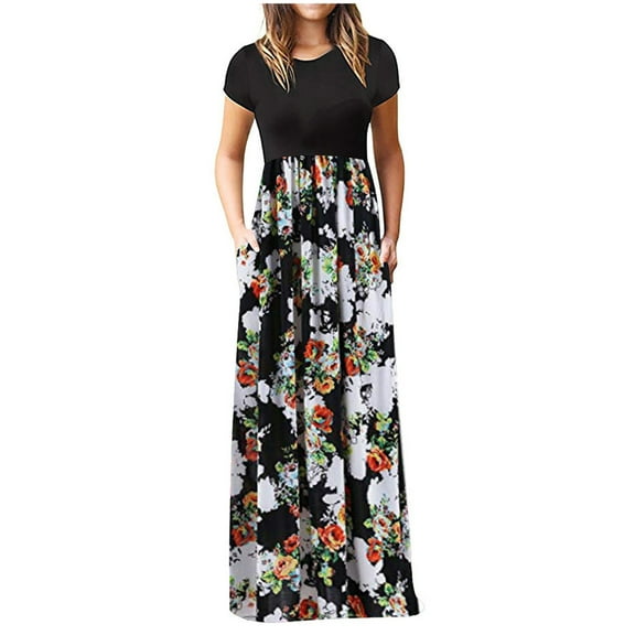 Maxi Dress for Women Spring Summer Short Sleeve Loose Floral Print Elegant Casual Party Long Dresses with Pockets
