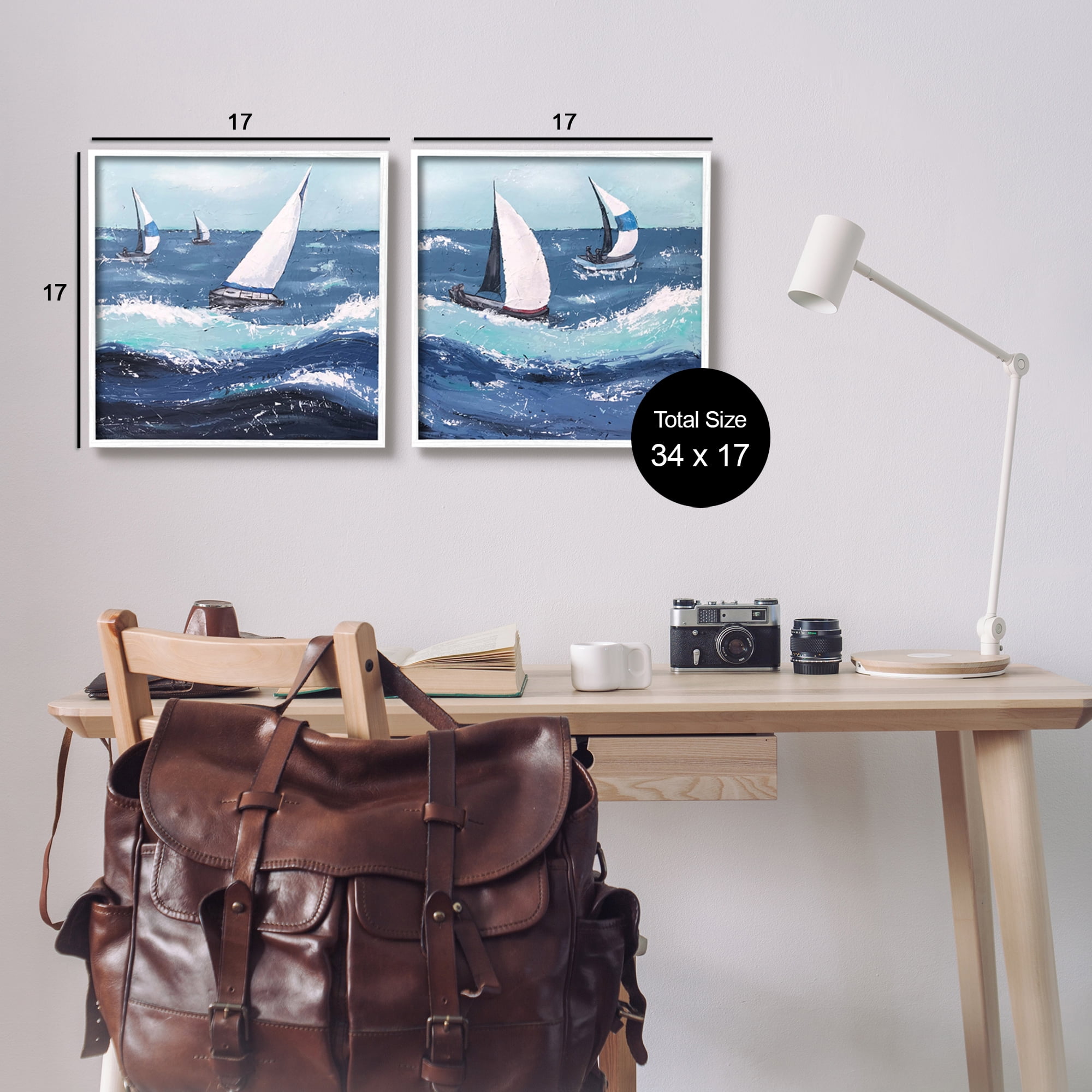 Stupell Sailboats Rough Ocean Waves Splash Landscape Painting White Framed Art Print Wall Art, Set of 2