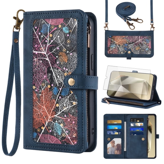 Asuwish Phone Case for Samsung Galaxy S25 Ultra 5G Wallet Cover With Tempered Glass Screen Protector Crossbody Wrist Strap Flip Pattern Zipper Card Holder Cell S25Ultra 25S S 25 25Ultra 6.9 2025 Blue