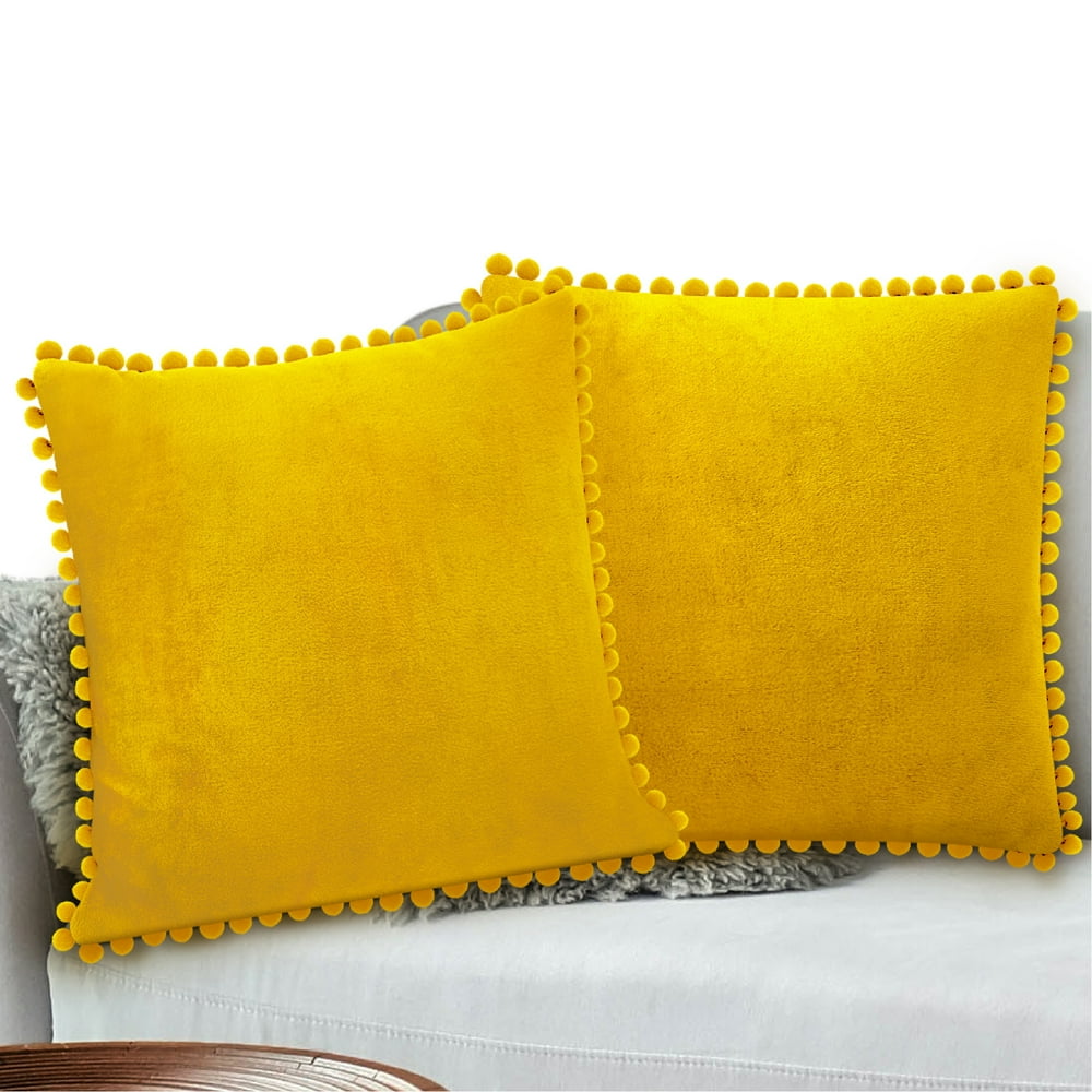PAVILIA Mustard Yellow Throw Pillow Covers, 18x18, Set of 2, Pom Pom