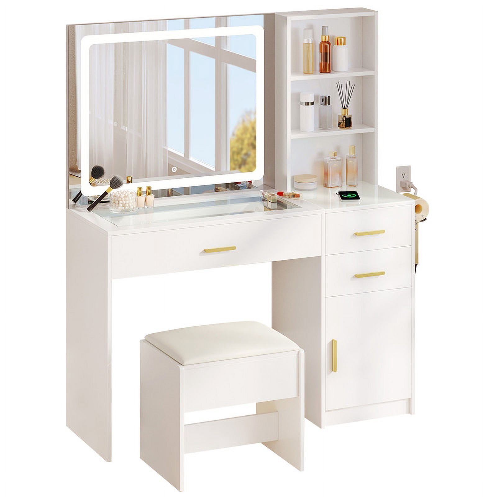 Uforic White Vanity Desk Set with Power Outlet & LED Light, Makeup Vanity with Cushioned Stool, Vanity Table with 2 Drawers& Storage Shelves