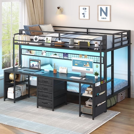 Bunk Bed with Desk & Charging Station & LED Lights & Safety Guardrail ,Twin Over Twin Size Metal Loft Bed Frame for Bedroom,Black