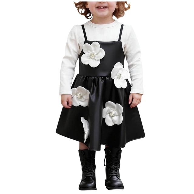 Ensemble 2 Pcs Blanc Garçon Fille à Enfiler Manches Longues pour Enfants Garçon Fille Hiver Automne Col Rond Imprimé Floral Mini Petit Assorti Chaud 2 Pcs Haut Uni Chemises Robes Ensembles 2 Pcs Enfant 2025 4 Ans