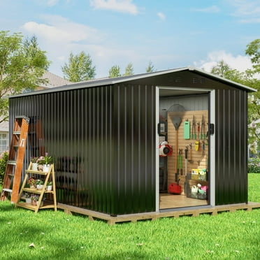 HOGYME 8x12 ft Outdoor Storage Shed Large Metal Utility Tool Shed with Lockable Doors for Garden Backyard Patio Lawn, Black