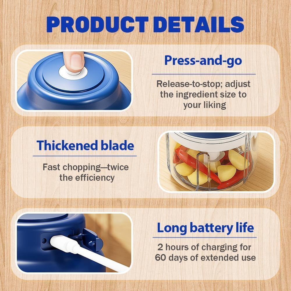 320Ml Electric Garlic Chopper Mini, 2026 Upgrade Electric Mini Food Processor Portable Veggie Cutter Chopper, USB Rechargeable Wireless Veggie Grinder, for Mashing Onion,Garlic,Chili,Ginger (blue)