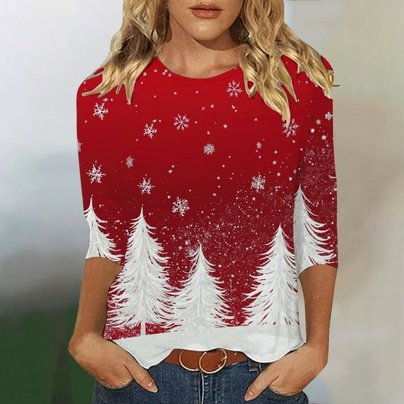 Women's Christmas Printed Tunic Tops 3/4 Sleeve Blouse Round Neck Loose Fit Casual Shirt Pullover Tee for Holiday Party Daily Wear