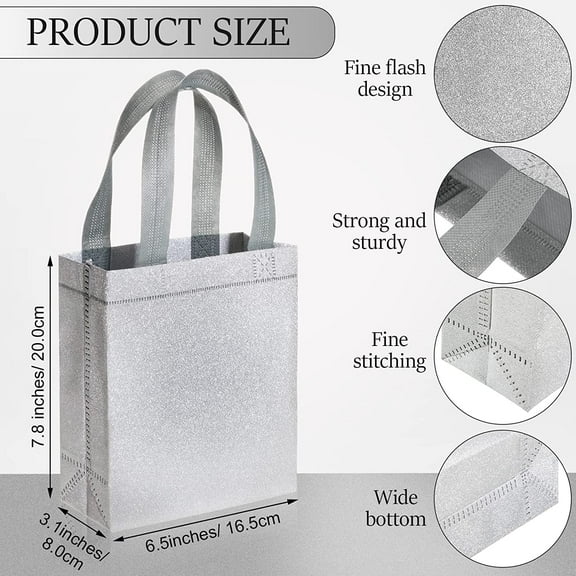 48 Pack Silver Glitter Wedding Gift Bags with Handles - Reusable Non Woven Tote for Party, Bridal, Holiday