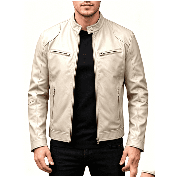 Busydd Leather Jacket for Men with Stand Collar and Zippered Pockets Trendy Casual Long Sleeve Solid Color Full Zip Fall Jackets 2XL