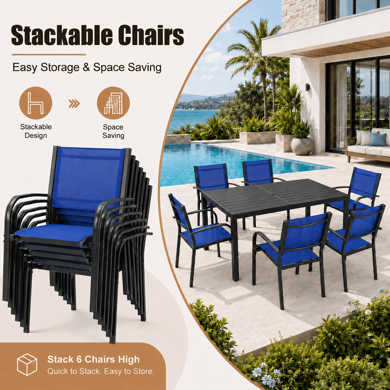 7 Piece Outdoor Dining Set, Patio Dining Table Set for 6 Persons, Garden Patio Textilene Dining Furniture Set with Plastic-Wood Tabletop, Dining Table Chairs Conversation Set for Deck Patio
