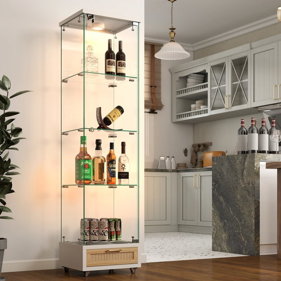Eyisean Modern Glass Display Cabinet with LED lights, Antique Curio Cabinet with Large Drawer, Tempered Glass Bookshelf, 1-Door Storage Case with 4 Shelves for Living Room, Bedroom, Quick-assembly