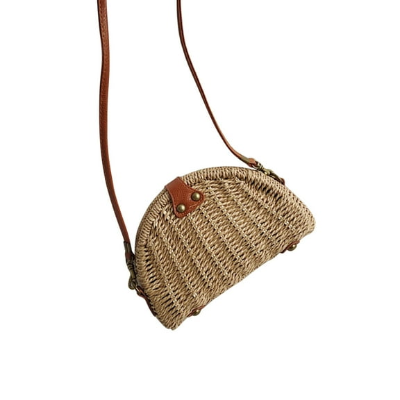 WORGEOUS Handmade Rattan Bag Straw Bag for Women Woven Magnetic Snap Semicircle Shape Crossbody Bag Beach Bag (Khaki)