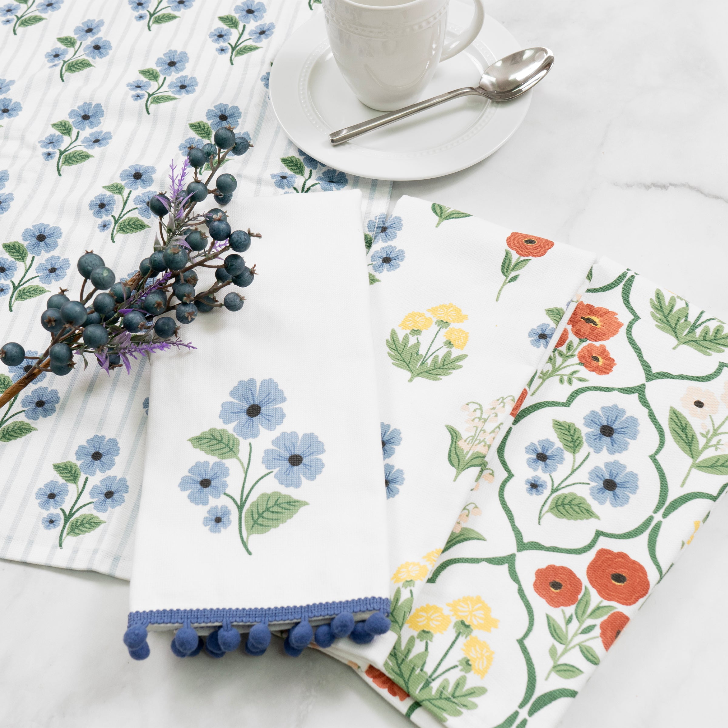 RITZ 100% Cotton Kitchen Towels, Blue Trellis Floral – Absorbent Dish Towels for Drying & Cleaning – Soft & Durable (Set of 4)