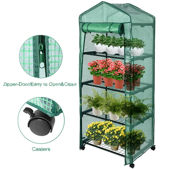 4 Tier Greenhouse Shelves with PE Cover and Wheels for Outdoor Indoor Seeding, 28 x 19 x 65 in