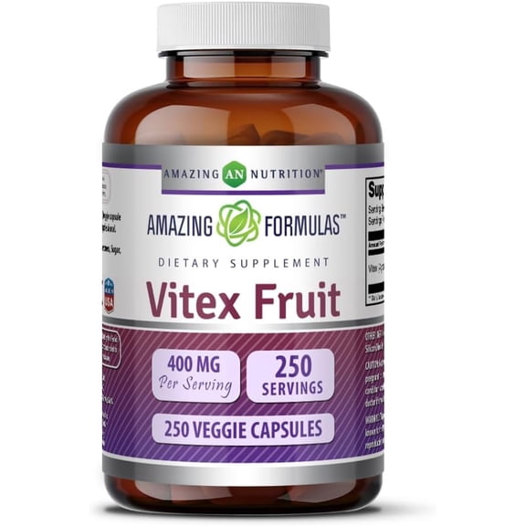 Amazing Formulas Vitex Fruit 400mg Per Serving 250 Veggie Capsules Supplement | Non-GMO | Gluten Free | Ideal for Vegetarians