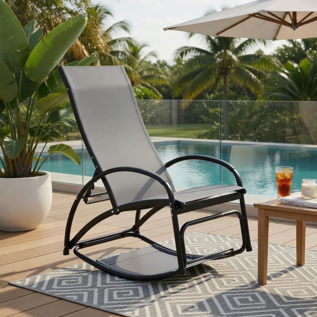 Hommoo 2-in-1 Aluminum Outdoor Rocking Lounge Chair with 4-Position Adjustable Backrest, for Patio, Poolside, Balcony & Yard, Gray