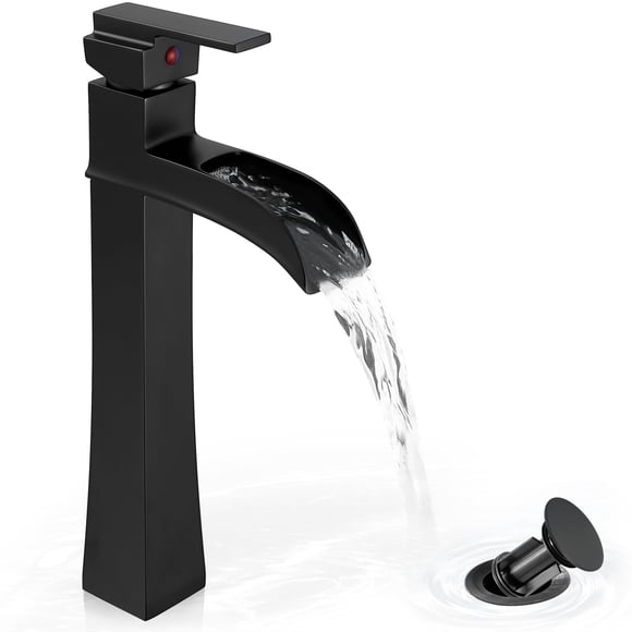 HOIGY Vessel Sink Faucet Black, 12 Inch Waterfall Tall Bathroom Faucet One Hole with Pop-Up Drain & Pre-Installed Hoses, Single Handle for Bathroom S