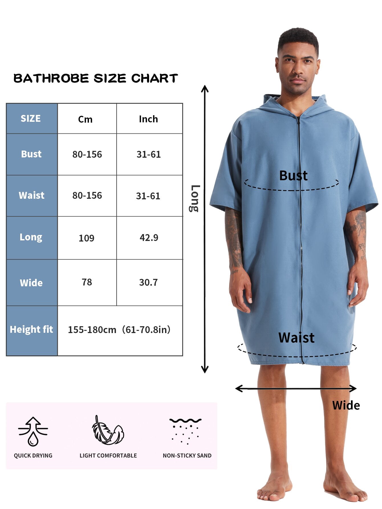 PISIQI Surfing cape changing robe with hood absorbent quick drying microfibre wetsuit zip towel suitable for beach surfing men women