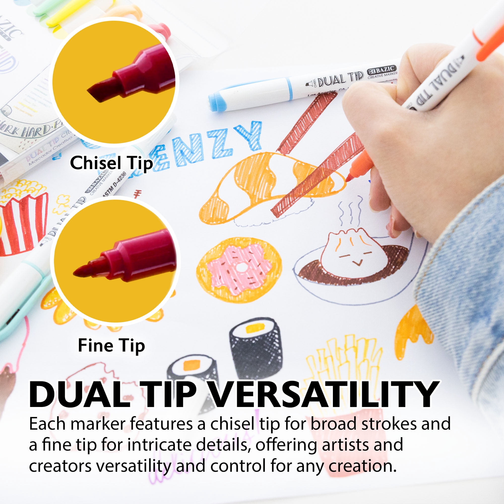 BAZIC Dual Tip Creative Markers Set, Broad & Fine Point Tips Highlighter, 5 Colors Art Marker Pens, 24-Packs