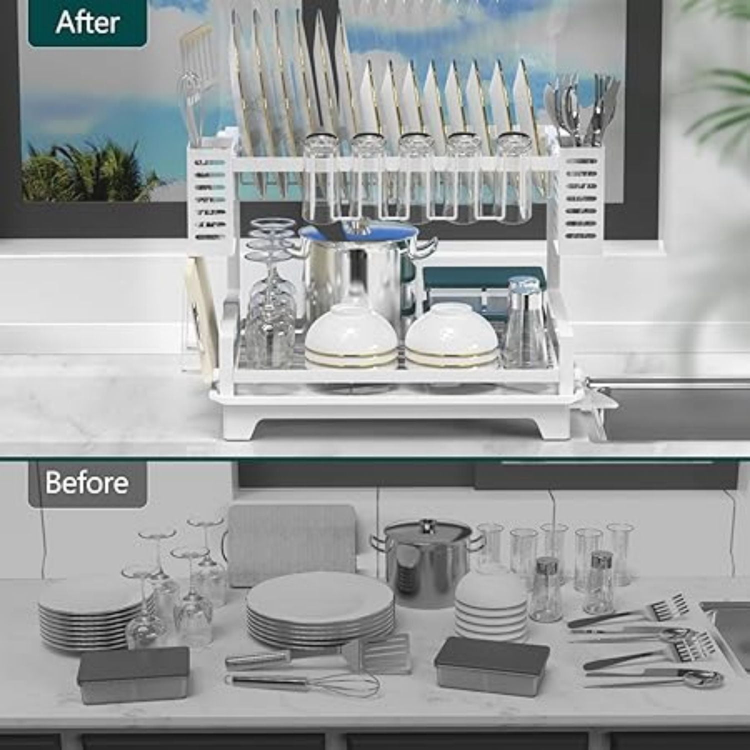 Dish Drying Rack, 2 Tier Dish Racks for Kitchen Counter, Large Dish Drying Rack with Drainboard & Utensil Holders, Rust-Proof Dish Drainers,Kitchen Organization