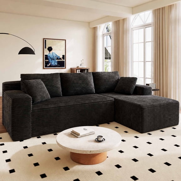 Nkurdsu 96" Modular Sectional Sofa, Boneless L-Shaped Cloud Couch, No Assembly Required, Modern Corduroy Sofa for Living Room, Black (Right Facing Chaise)